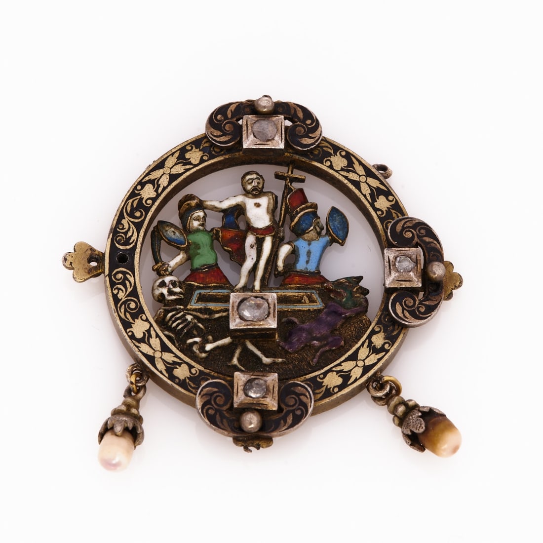 Neo-Renaissance Pendant with the Resurrection of Christ: Neo-Renaissance Pendant with the Resurrection of Christ Second half of the 19th century. Silver and gilding, unstamped. Weight: 29.5 g. Enamel. 4 rose-cut diamonds. L. 5.8 cm. W. 5 cm. Suspension