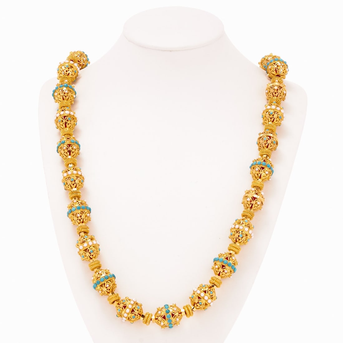 Magnificent Moti Mala Necklace with Pearls and Turquoises: Magnificent Moti Mala necklace with pearls and turquoises India, circa 2000. 875/- yellow gold, hallmarked. Total weight: 162.6 g. Hallmark: 21 K SSJ. Various small pearls and various turquoises.