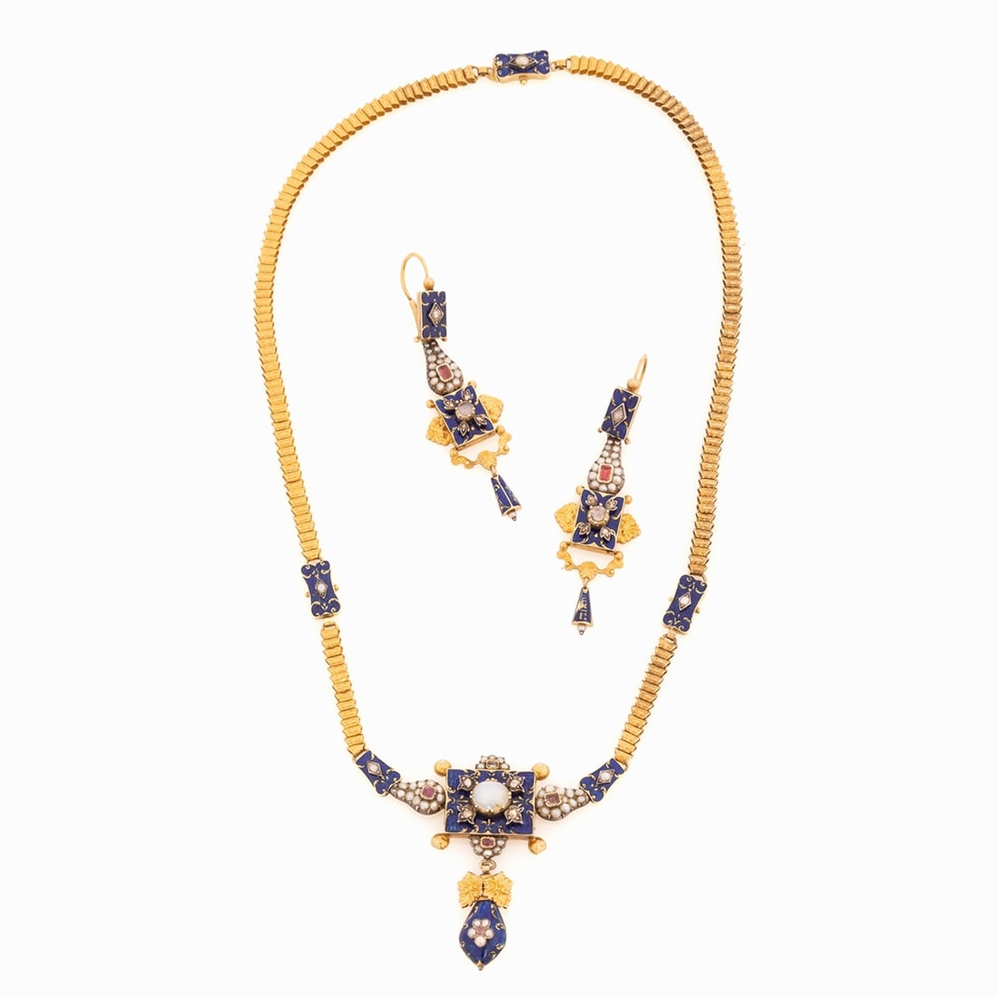 Antique Jewelry Ensemble with Blue Enamel, Opals, Pearls, and Rubies: Antique jewelry ensemble with blue enamel, opals, pearls, and rubies Necklace and pair of earrings. Victorian, Mid-Period, Renaissance Revival, approx. 1870-1885. 750/- yellow gold, and silver,