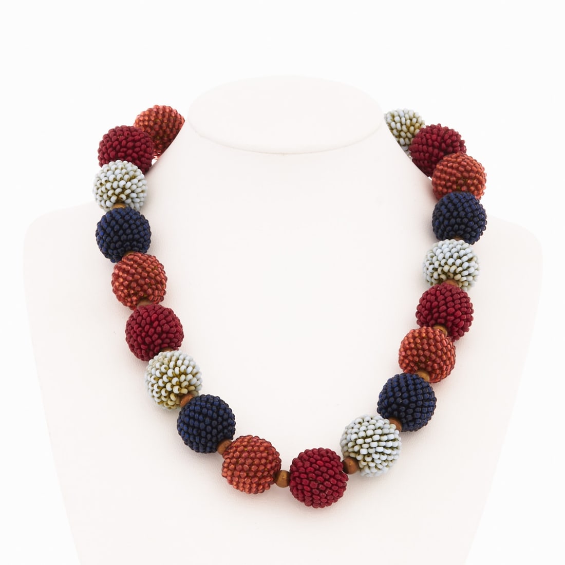 Nirit Dekel - Contemporary Art Glass Necklace with Large, Multicolored Dot Beads: Nirit Dekel - Contemporary art glass necklace with large, multicolored dot beads. Metal: small bronze-colored beads and clasp; silver-colored chain. Glass beads. Weight: 68 g. Length: 45 cm. Bead