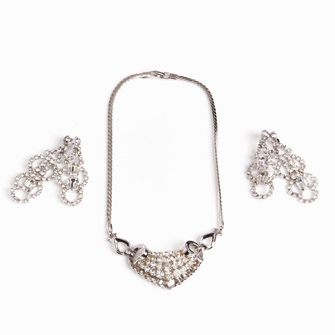 CORO - Silver-colored Vintage Necklace and Ear Clips with Rhinestones (1 of 1)