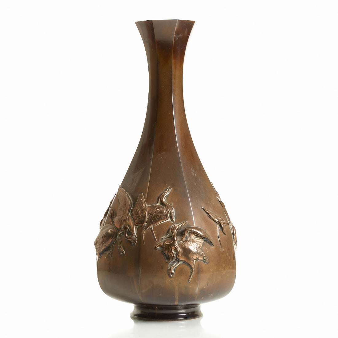 Rare Japanese Octagonal Bronze Vase with Six Manchurian Cranes in Relief (1 of 2)