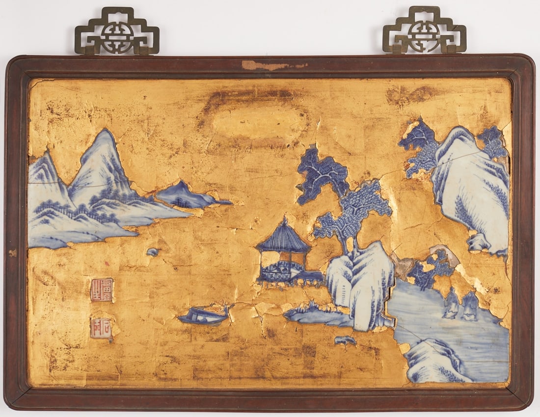 Rare old Chinese porcelain panel with gilded lacquer putty and wooden mounting (1 of 3)