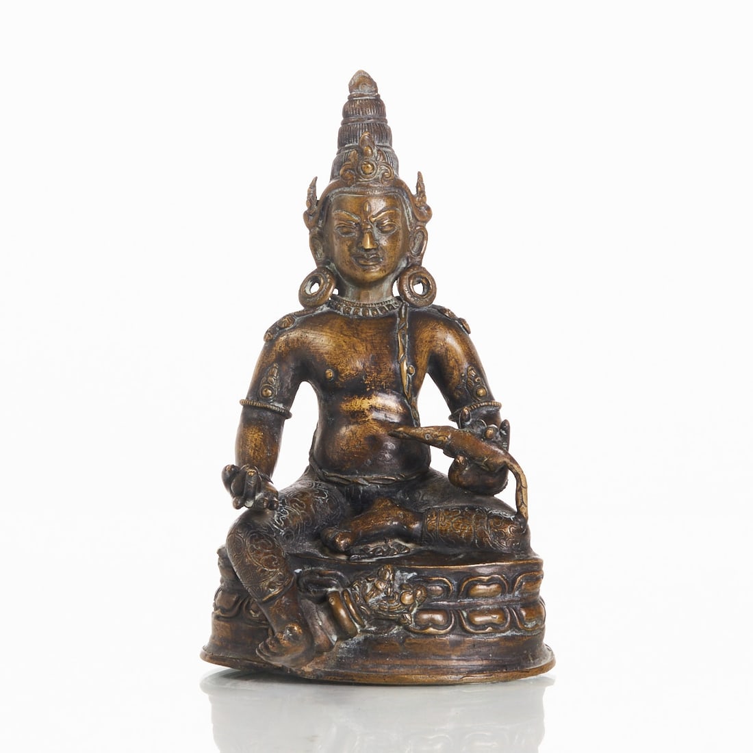 Bronze Jambhala Buddha Figure: Bronze Jambhala Buddha Figure Tibet, probably 17th/18th century. Bronze, patinated. H. 20 cm. Weight 1.23 kg. Very good condition with traces of age and use. Finely crafted depiction of Jambhala in a 