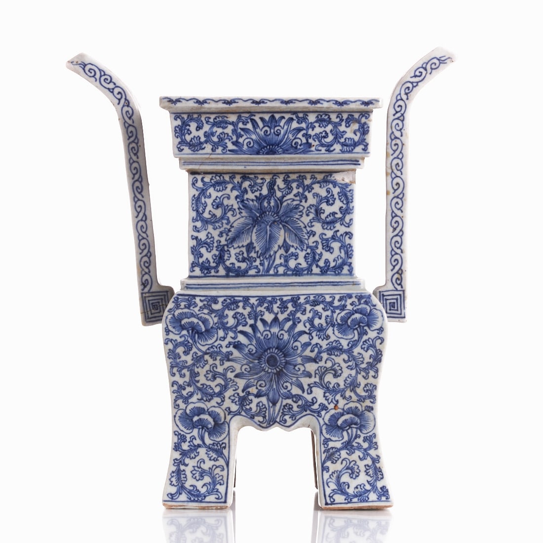 Large Blue and White Incense Burner: Large Blue and White Incense Burner China, Qing Dynasty, probably 18th/19th century. Porcelain, painted in underglaze blue. H. 42 cm. D. 38 × 15 cm. Decoration with floral motifs. Condition: