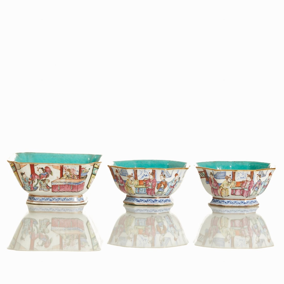 Three Famille Rose Bowls with Tongzhi Mark: Three Famille Rose Bowls (gòng wan) with Tongzhi Mark China, Tongzhi period (1862-1875). Porcelain, glazed, polychrome painted; inside and on the underside turquoise glazed, with gold rim.