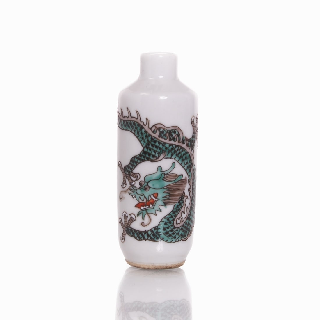 Porcelain Snuff Bottle with Dragon Motif: Porcelain Snuff Bottle with Dragon Motif China, probably 20th century. Porcelain, polychrome painted in Wucai style. H. 8.8 cm. With finely elaborated dragon and flame motif. Good state of