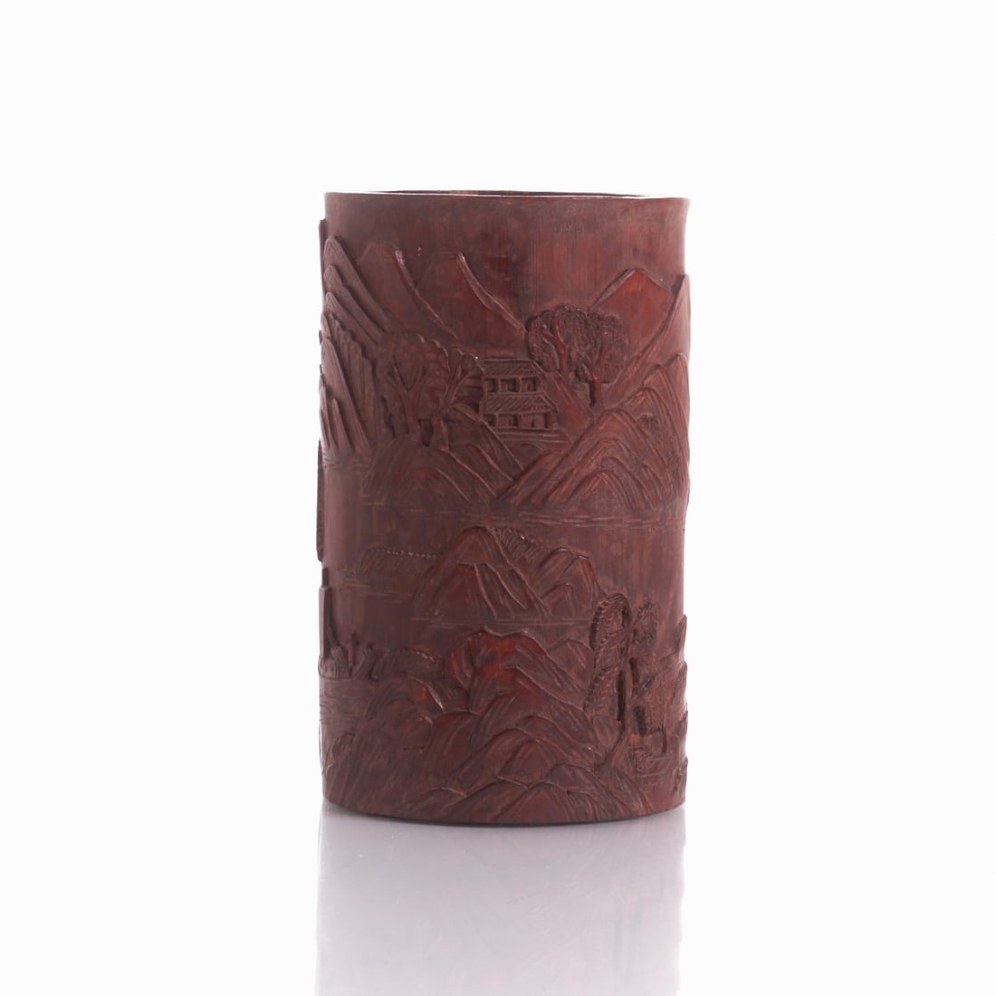 Large Brush Pot with Sailboat in Landscape: Large Brush Pot with Sailboat in Landscape China, probably 20th century or earlier. Bamboo, carved. H. 16.5 cm, D. approx. 10 cm. Round cylindrical body with a continuously carved landscape