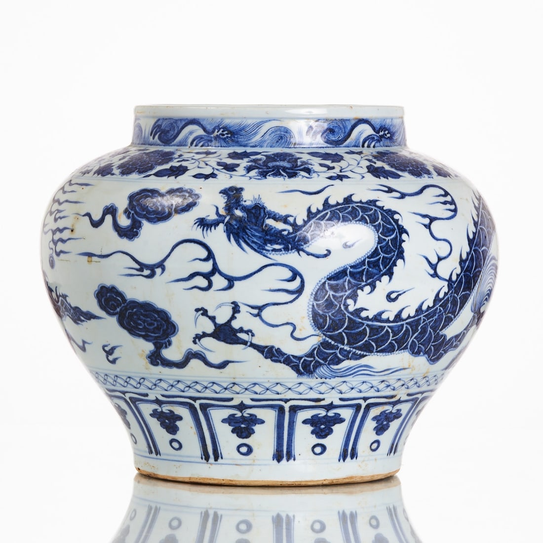 Large Blue-and-White Porcelain Vessel in Yuan Dynasty Style: Large blue-and-white porcelain vessel in Yuan Dynasty style China, probably Qing Dynasty. Porcelain, painted in underglaze blue. H. 28.5 cm; D. approx. 33 cm; D. of mouth 20.5 cm. Decoration with drag