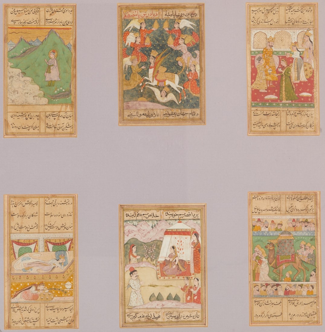 Six Miniatures after Jami's Masnavi ''Yusuf va Zulaykha'': Six miniatures after Jami's Masnavi ''Yusuf va Zulaykha'' Indo-Persian, 18th/19th century. Paper, decorated with fine polychrome miniatures in gold and gouache, as well as Persian calligraphy. Visible