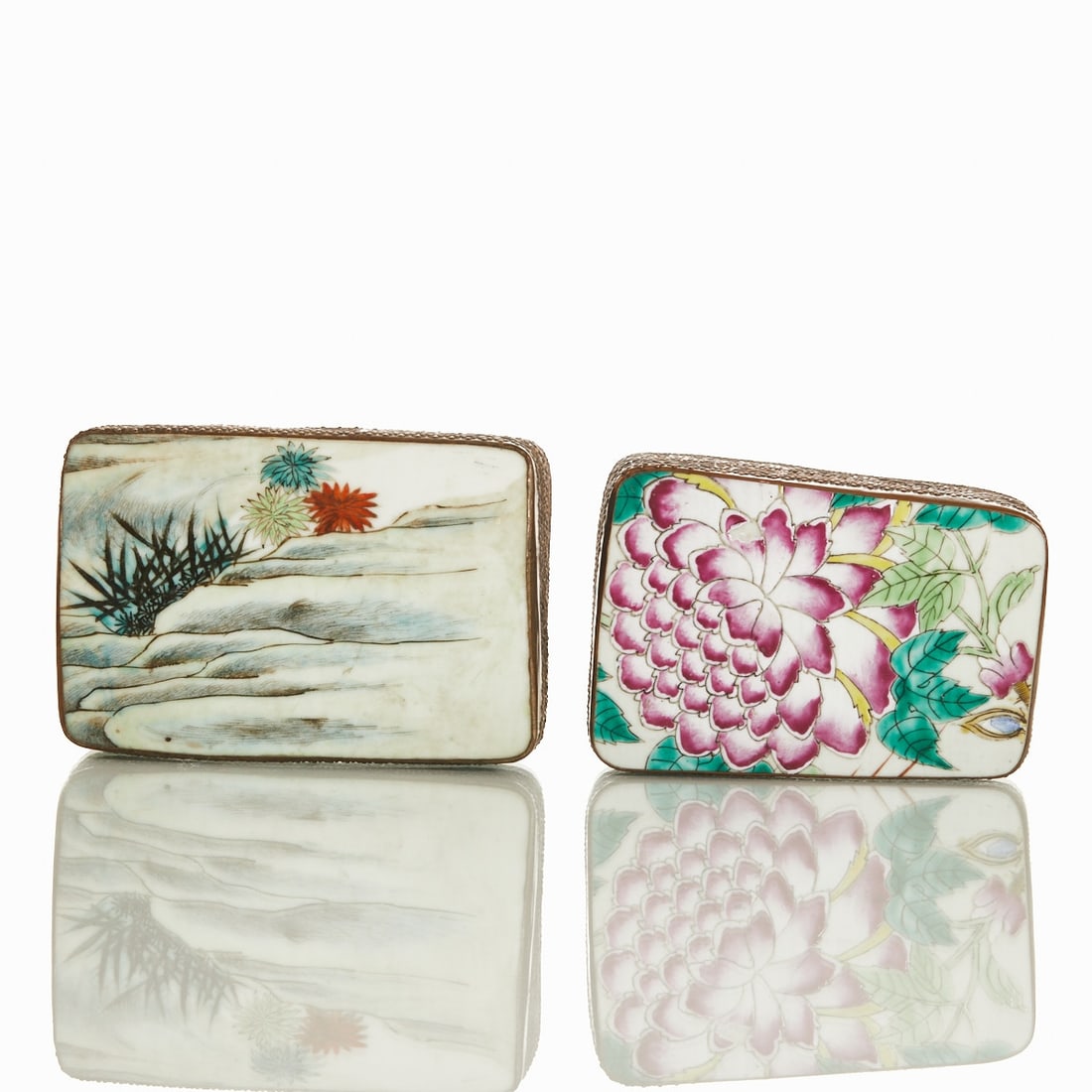 Two Silver-plated Boxes with Porcelain Plaques: Two silver-plated boxes with porcelain plaques China, probably 19th-20th century. Copper, silver-plated; with curved porcelain plaques, polychrome painted. Dimensions: 14 × 10 × 4.5 cm and