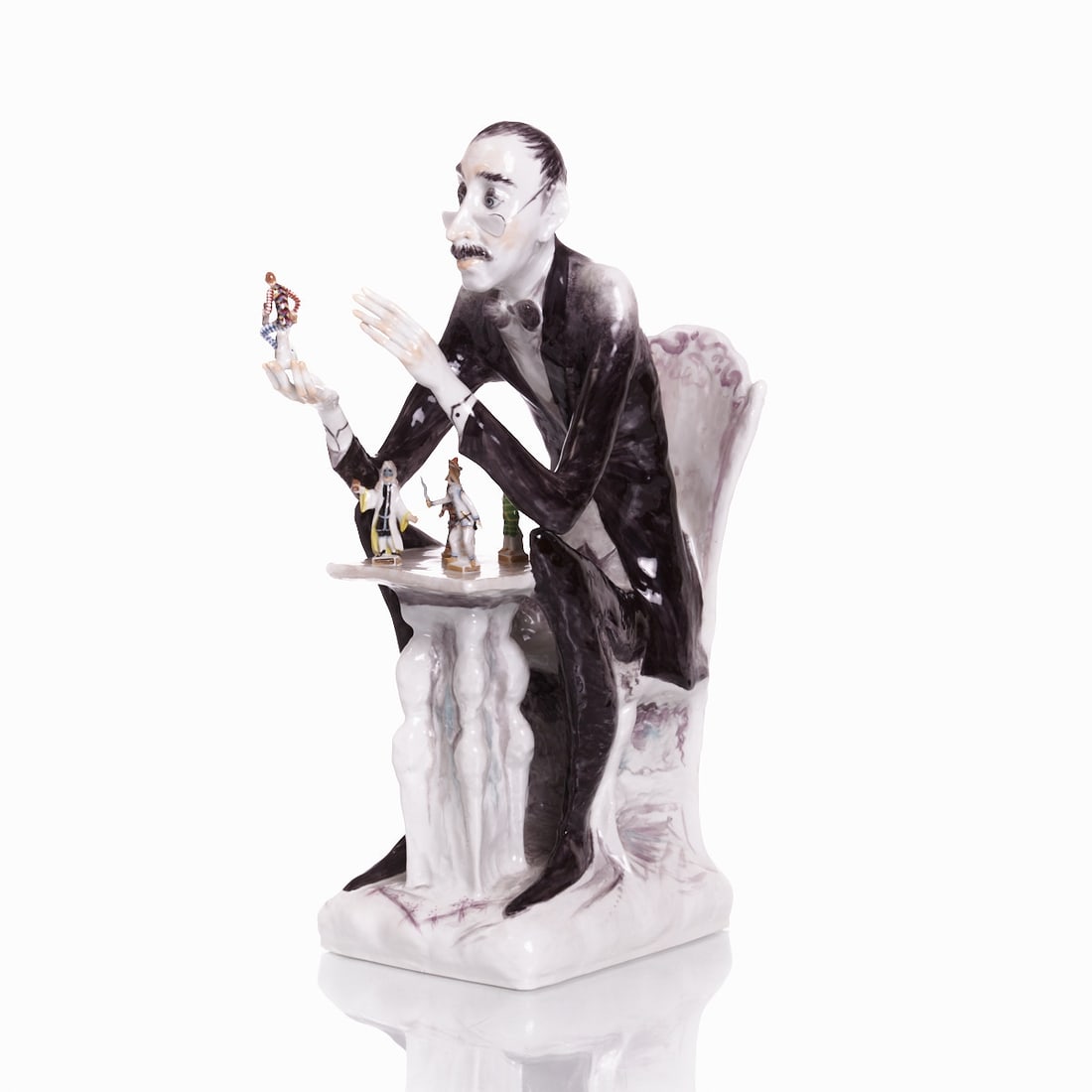 The Collector - Peter Strang, Meissen 2002: The Collector - Peter Strang State Porcelain Manufactory, Meissen 2002. Porcelain, white, glazed. Polychrome painted on the glaze. Partially gilded. Blue crossed swords mark under the glaze. A grindin