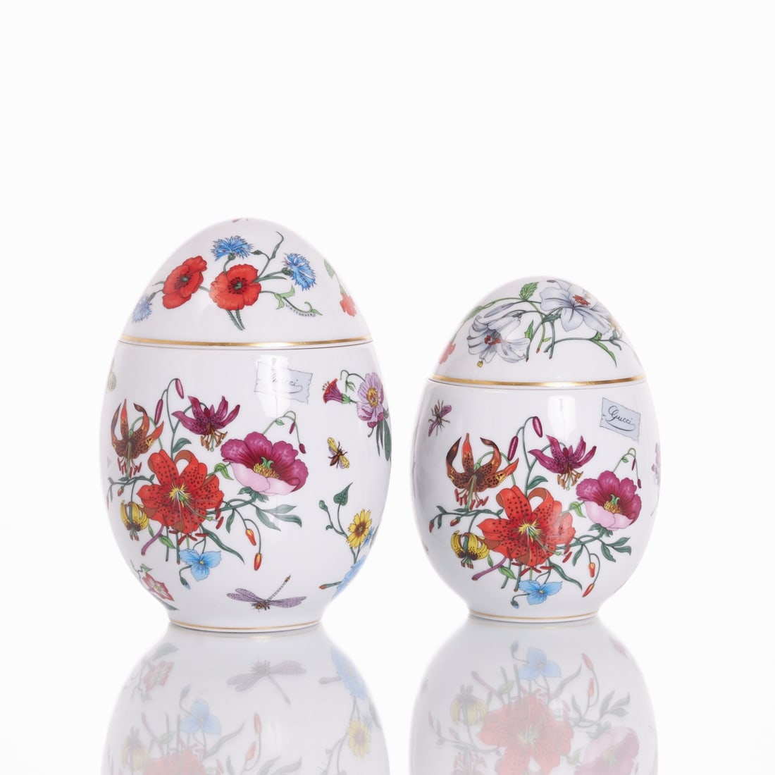 2 Egg Boxes - Gucci x Bernardaud Limoges, 1970s: 2 Egg Boxes - Gucci x Bernardaud Limoges Bernardaud, Limoges, 1970s. Porcelain, white, glazed. Polychrome floral transfer print decor on glaze. Gold rim. Blue mark on glaze: BERNARDAUD LIMOGES France.