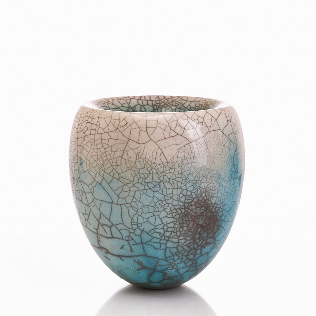 Vase, 2002 - Martin Mindermann - Artist's Ceramics.: Vase - Martin Mindermann - Artist's Ceramics Martin Mindermann, Bremen 2002. Ceramic, dark grey body. Turquoise and whitish glaze with dark brown veins in Raku technique. Slightly iridescent inside.