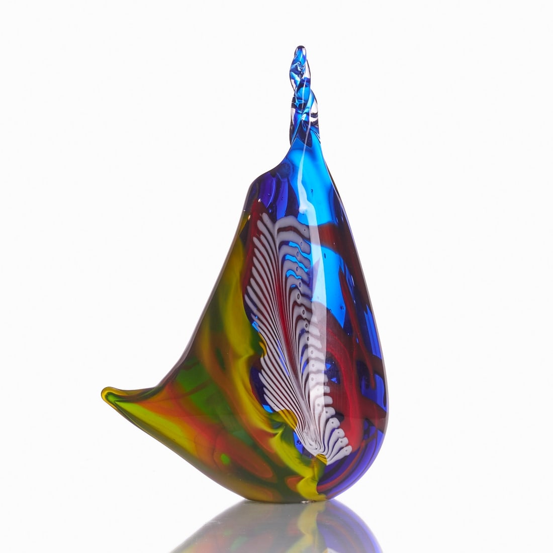 Vase with raised, swirled rim: Vase with raised, swirled rim Blue glass with red, yellow, green streak-like and opaque white fan-like fusions. Covered with colorless glass. A point pulled out in the lower area. A swirled point pull