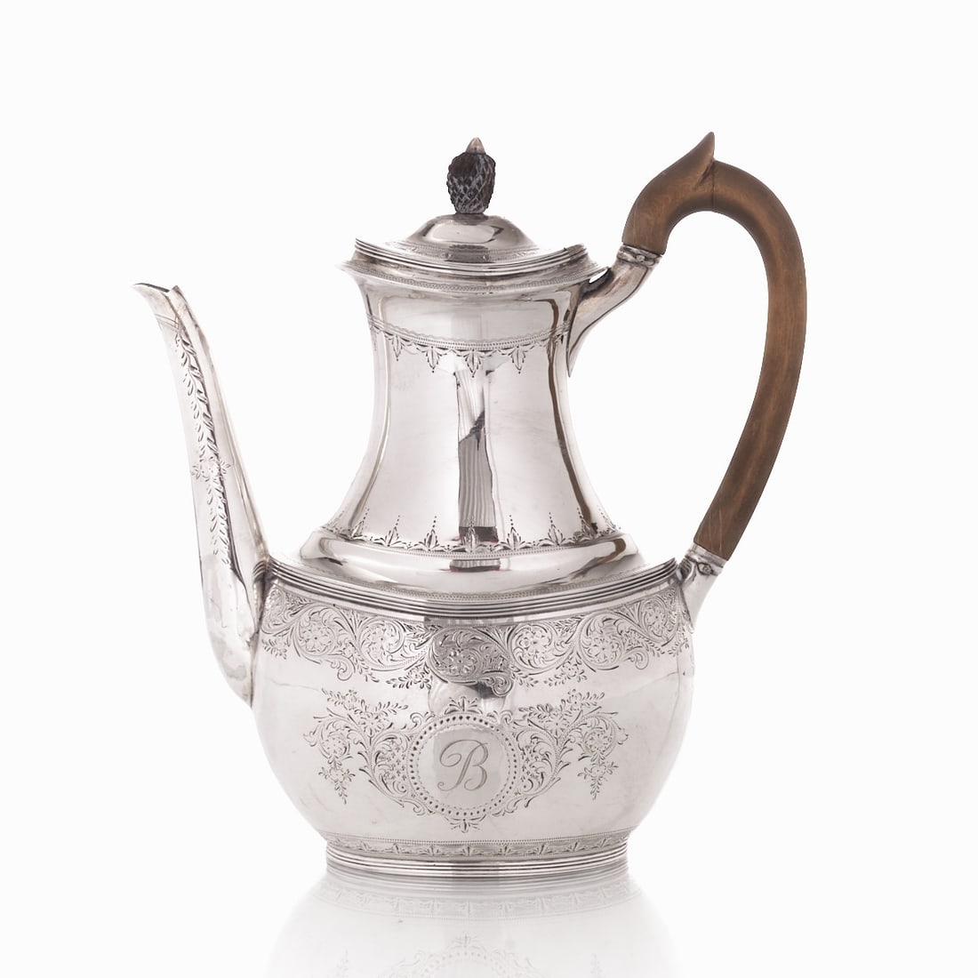 Coffee pot: Coffee pot London/England, circa 1878/79. 925 silver. Hallmarks: maker's mark, city and fineness stamp, year stamp. H. 23.5 cm. Weight: 522 g. Monogrammed.