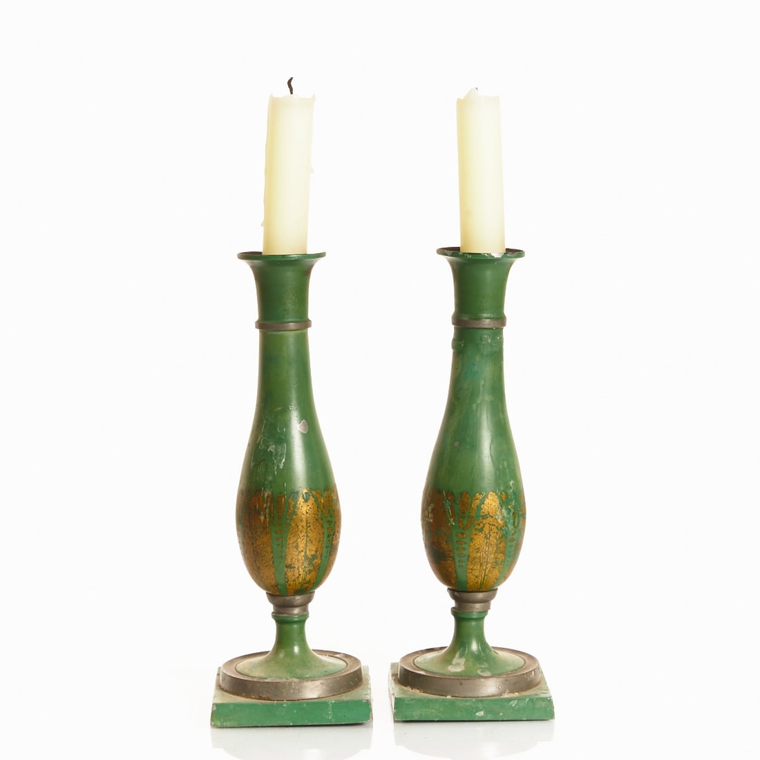 Pair of rare Stobwasser candlesticks - Green: Pair of rare Stobwasser candlesticks - Green Braunschweig, Wolfenb??ttel or Berlin, Stobwasser, circa 1820. Pewter, green lacquered with gold-heightened ornamental bands. Height 22 cm each, base area 