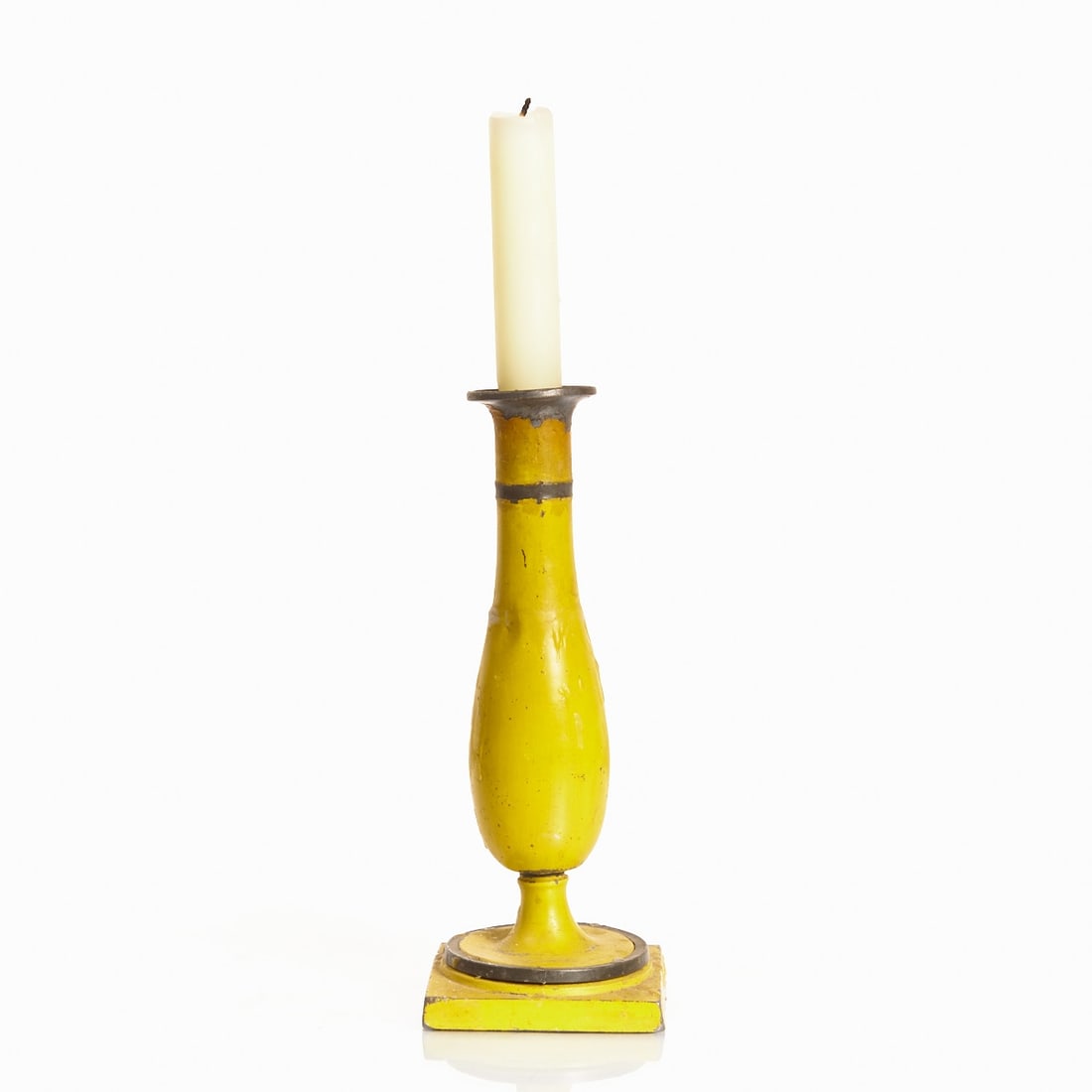 Rare Stobwasser candlestick - Yellow: Rare Stobwasser candlestick - Yellow Braunschweig, Wolfenb??ttel or Berlin, Stobwasser, circa 1820. Pewter, yellow lacquered. Height 20.5 cm, base area 8 ?— 8 cm each. Square plinth with round base 
