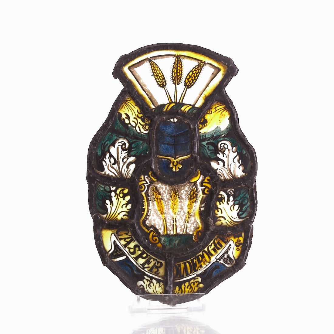 Armorial Panel 'Caspar Olderogge': Armorial panel "Caspar Olderogge" probably S??lsdorf, circa 1668. Stained glass, colorfully painted and set in lead cames, 20.5 ?— 13.5 cm. Baroque armorial panel with ornamentally structured design