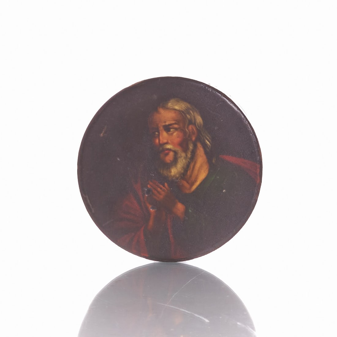 Lidded box, probably Stobwasser: Lidded box, probably Stobwasser Braunschweig or Berlin, early 19th century. Papier-mâché, black lacquered, with polychrome lid painting of a praying apostle or saint after an Old Master m