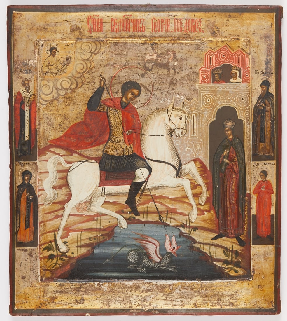 Icon: Icon Russia, probably 19th century. - Saint George the Dragon Slayer - Egg tempera and silver ground on chalk ground, wood. Approx. 31 x 35 cm. Depiction of Saint George on a white horse fighting the