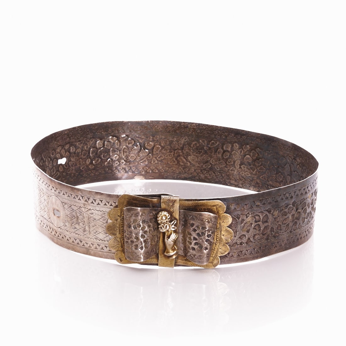 Ottoman or Oriental Metal Belt: Ottoman or Oriental Metal Belt 19th - early 20th century. Metal, silver-plated, probably silver, partly gilt. Hallmarked. Length approx. 90 cm, width approx. 7 cm. Weight 492g. Wide belt with rich flo