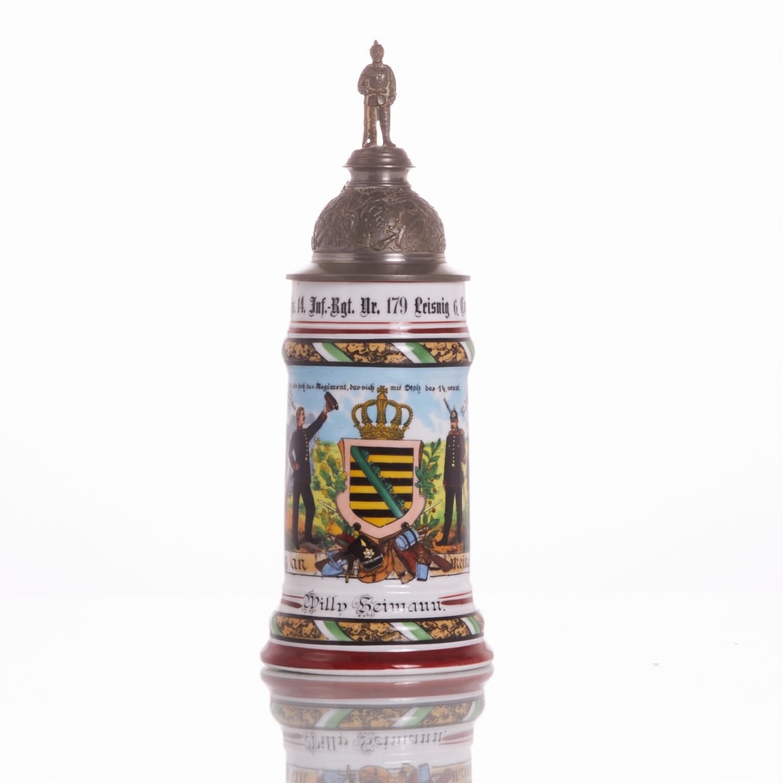 Reservist Stein Willy Heimann - Royal Saxon 14th Infantry Regiment No. 179.: Reservist Stein Willy Heimann - Royal Saxon 14th Infantry Regiment No. 179. Leisnig 6th Company 1902-04. - Long live the regiment that proudly calls itself the 14th! - Porcelain, white, glazed. Polych