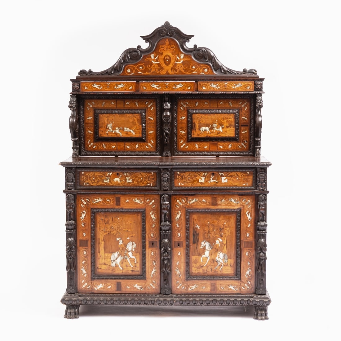 Rare Sideboard in Renaissance Style with Hunting Scenes: Rare Sideboard in Renaissance Style with Hunting Scenes 19th C. Oak. Fruitwood. Ivory. 198 x 137 x 54 cm. Rest. req. On four paw feet with a straight frame. Rectangular body with two doors and two