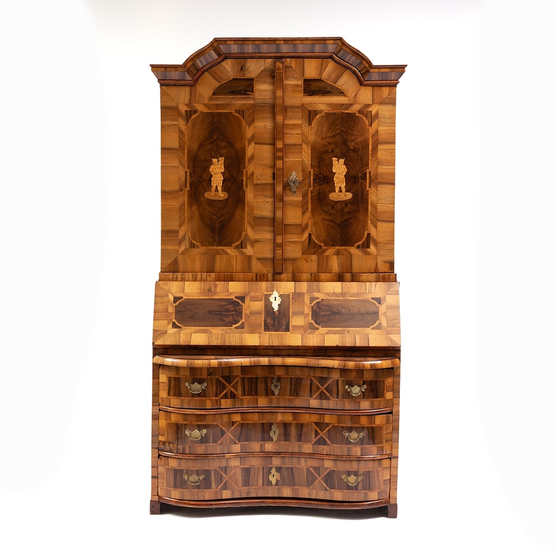 Baroque Top Secretary: Baroque Top Secretary Germany, circa 1760. Walnut. Fruitwood. 205 x 110 x 66 cm. Rest. damaged. On a curved frame. Double curved body with three drawers and a slanted writing surface. Richly