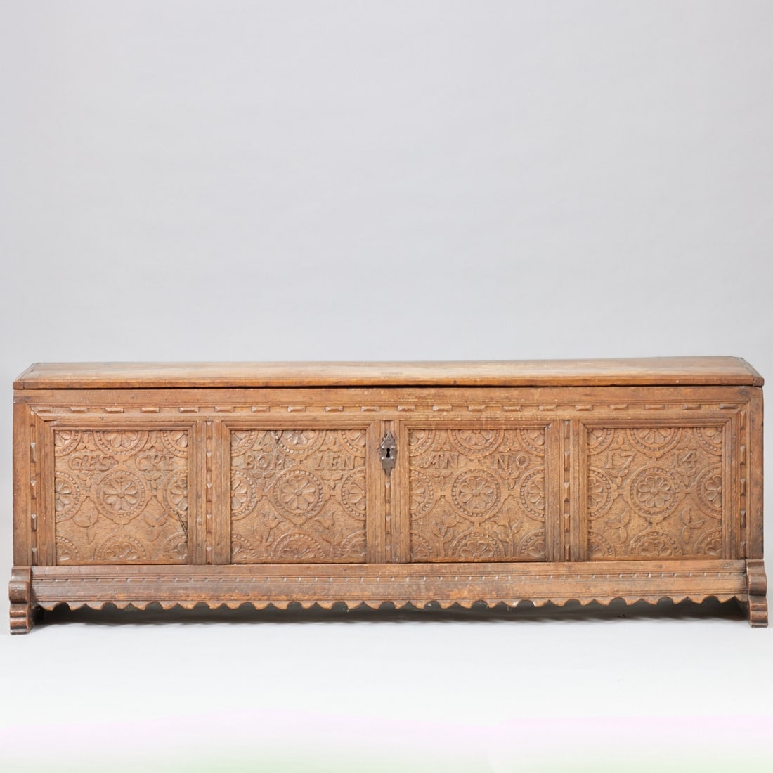 Wedding Chest: Wedding Chest Circa 1714. Oak. 59 x 182 x 58 cm. Rectangular body with profiled frame. Richly decorated front with flat and chip carvings, and an inscription: GESCKE BOHLEN ANNO 1714. Topped with a