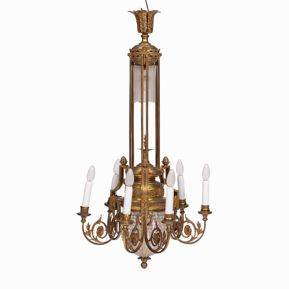 6-bulb Historicism Ceiling Lamp: 6-bulb Historicism ceiling lamp France, 19th century. Brass/gilded. H. 110 cm. D. 60 cm. Restored/damaged.