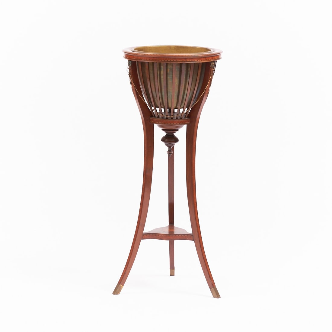 Flower Stand: Flower stand England. Mahogany. Fruitwood. Brass. H. 90 cm. D. 36.5 cm.