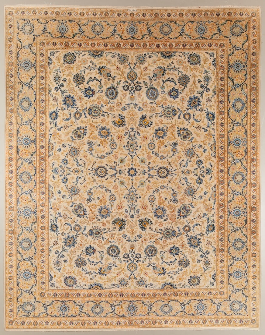 Kashan Carpet: Kashan Carpet Persia/Orient, 20th century. Wool and silk on cotton, approx. 405 x 320 cm. Finely knotted large-format carpet on an ivory-colored ground with densely elaborated floral all-over decor in
