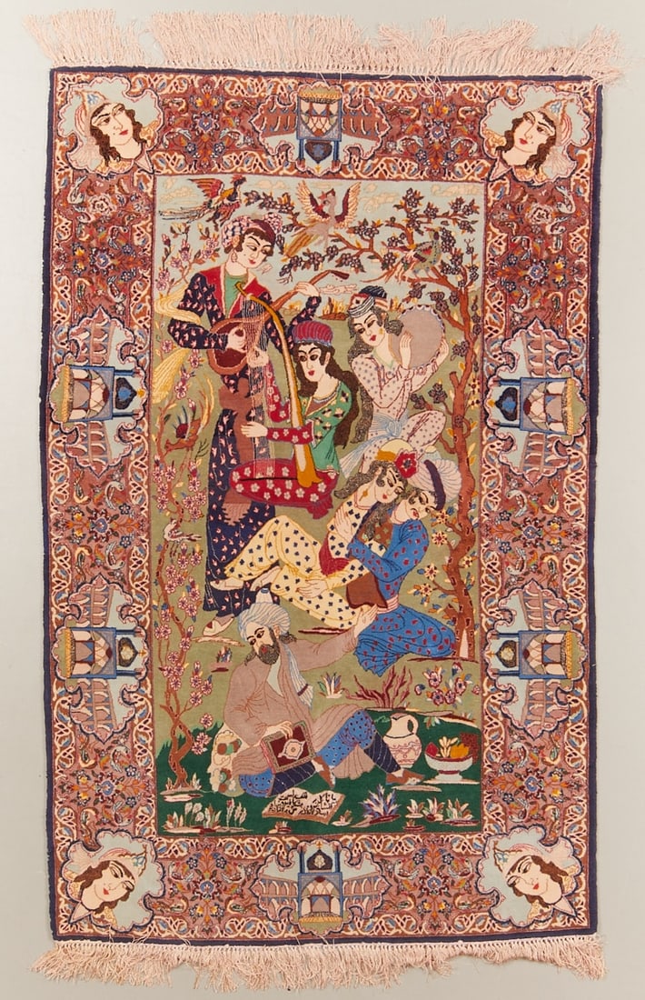 Isfahan: Isfahan with courtly music scene Persia, 20th century. Wool on cotton, approx. 188 x 108 cm. The central field features a courtly scene with figures playing music and resting in an idyllic garden