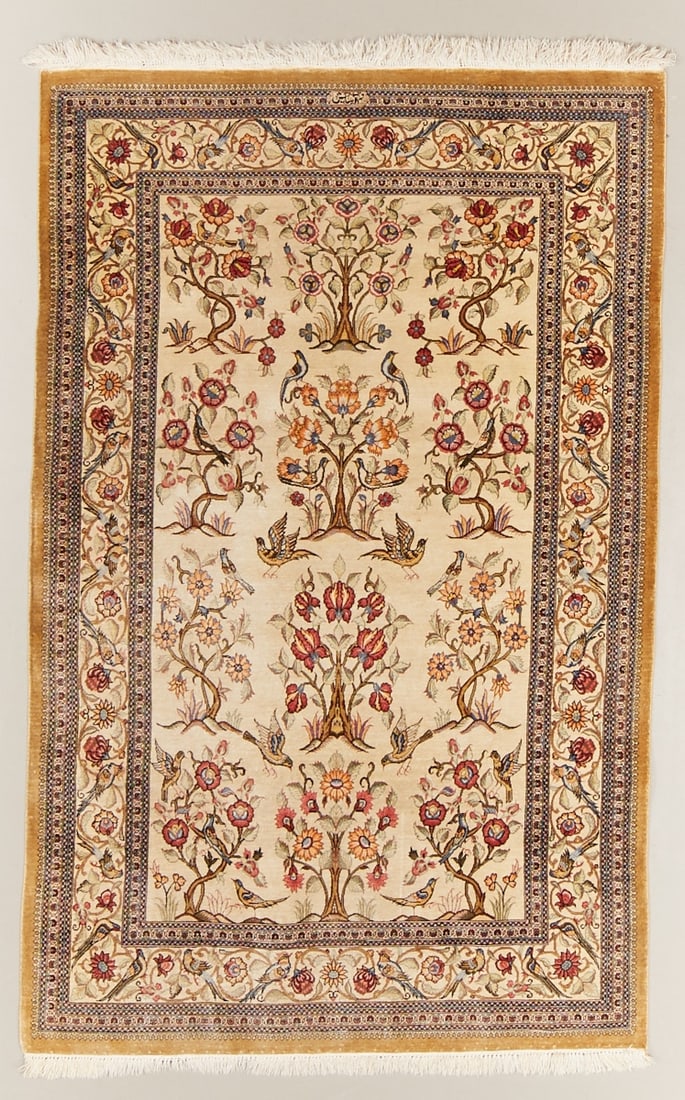 Signed Silk Carpet: Signed silk carpet Persia, probably Ghom/Qum, 20th century. Silk on silk, approx. 165 x 100 cm. Finely knotted highly decorative silk carpet with a symmetrical tree of life and floral vine motif on an