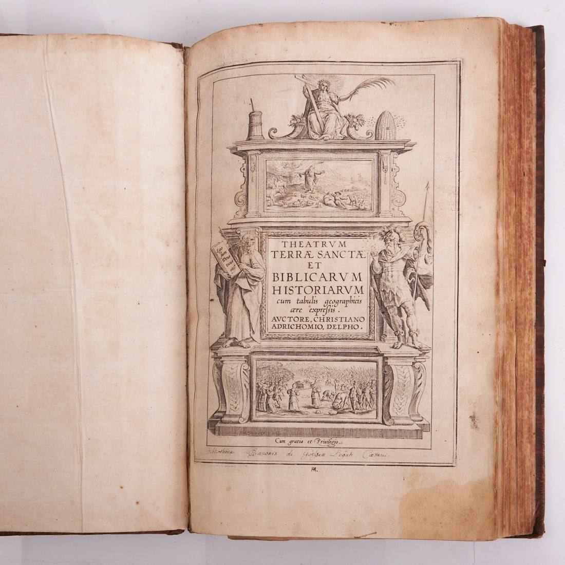 Christian Adrichomio: Christian Adrichomio - "Theatrum Terrae Sanctae et Biblicarum Historiarum" - Cologne, Birckmann workshop 1622. Leather with gold-embossed spine. Triple red speckled edge. Binding damaged,