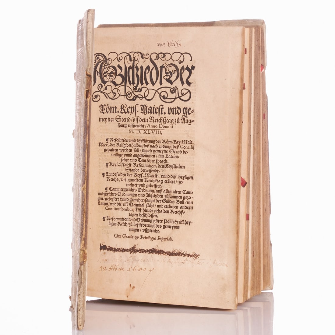 Augsburg Interim: Augsburg Interim Farewell of the Roman Imperial Majesty and common estates / established at the Diet of Augsburg. Mainz, Ivo Schöffer 1548. Embossed leather. Binding with abrasions, soiled,