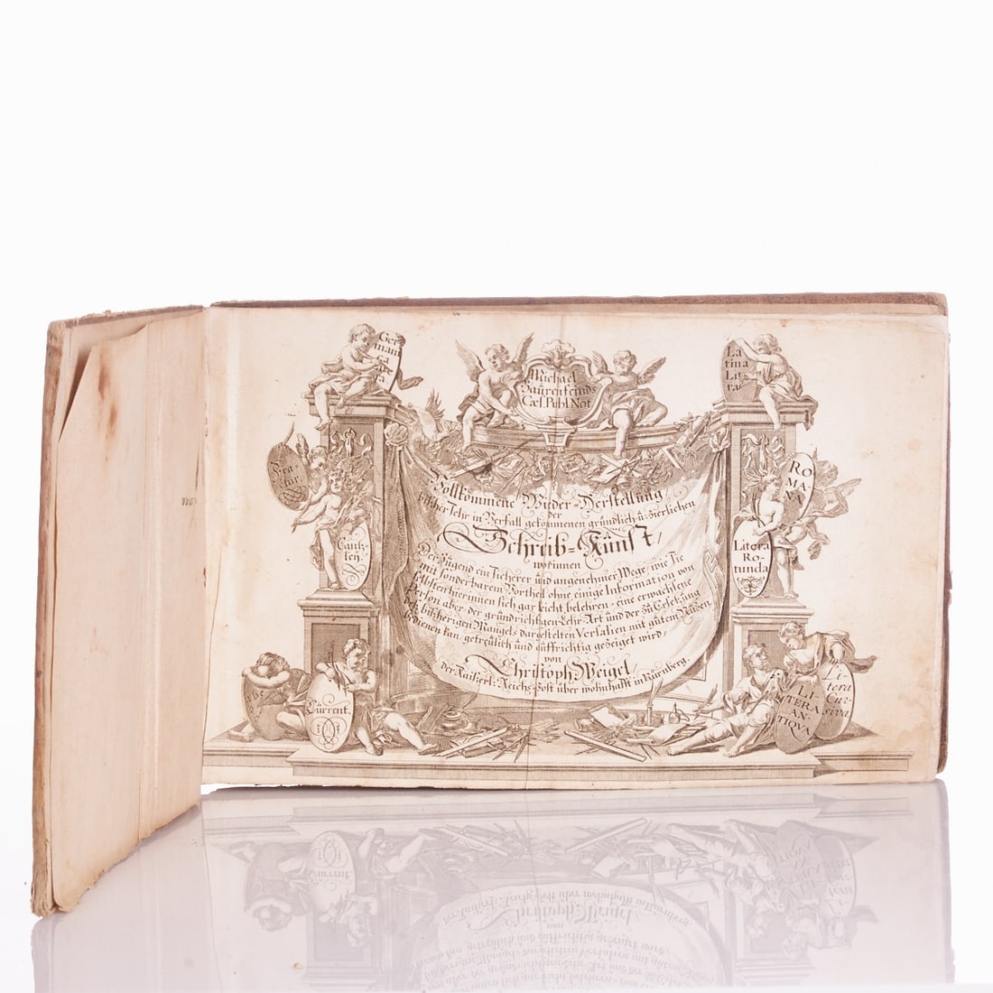 Michael Baurenfeind: Michael Baurenfeind - "Complete Restoration of the Art of Writing" - Nuremberg, Christoph Weigel approx. 1716. Cardboard binding. Triple red speckled edge. Frontispiece, plates A - Z
