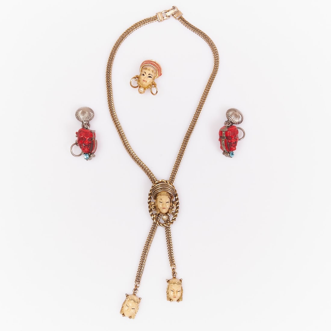SELRO SELINI - Vintage ''Noh Masks'' Ear Clips; 'Asian Princess' Necklace and Brooch (1 of 1)