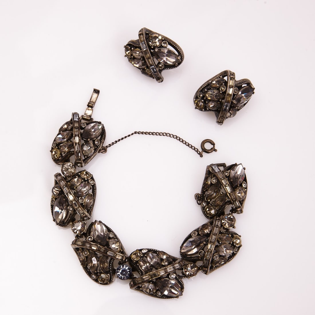 HOLLYCRAFT - Vintage Bracelet and Earrings with Smoke-colored Rhinestones (2 pieces) (1 of 1)