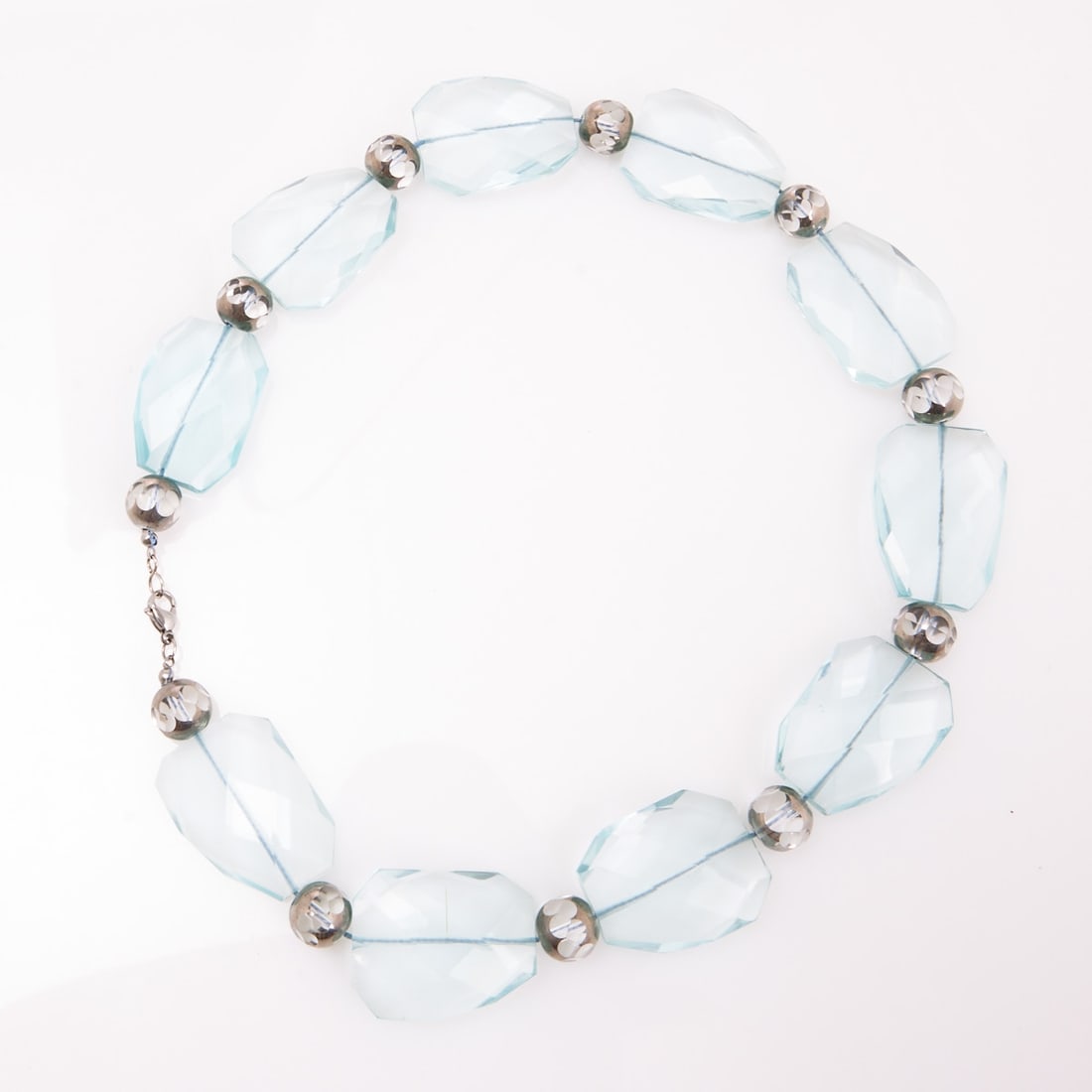 Large Statement Necklace with Aqua Blue Glass Beads: Large Statement Necklace with Aqua Blue Glass Beads Probably USA, circa 1990s. Metal, silver-colored. Glass beads. Weight: 222 g. L.: 58.5 cm. W.: approx. 3 cm. Beautiful necklace with large aquamarin