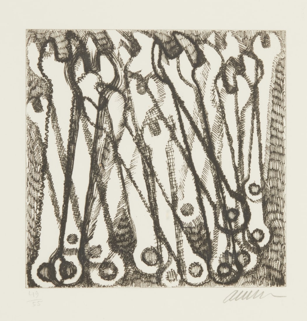 ARMAN: ARMAN 1928 Nice - 2005 New York - Wrench - Etching/paper. 49/55. 18.5 x 18.5 cm, 24 x 23.5 cm (passe-partout cutout), 50 x 37.5 cm (size with frame). Signed lower right: Arman. Matted. Framed under