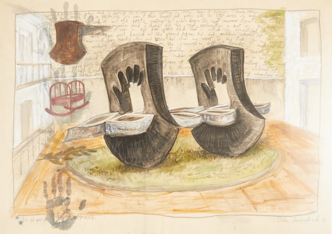 Ilan Averbuch: Ilan Averbuch 1953 Tel Aviv - "The Axes And The Olive Branch" - (1996) Mixed media/paper. 75 x 103 cm. 91 x 126 cm (size with frame). Signed and dated lower right: Ilan Averbuch (19)96.