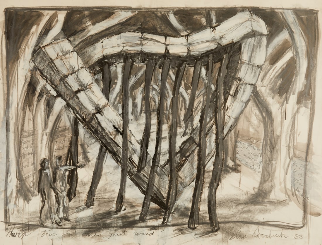 Ilan Averbuch: Ilan Averbuch 1953 Tel Aviv - "Harp, Trees and the Quiet Wind" - (1988) Mixed media/paper. 94 x 125 cm. 104 x 133 cm (size with frame). Signed and dated lower right: Ilan Averbuch (19)88.