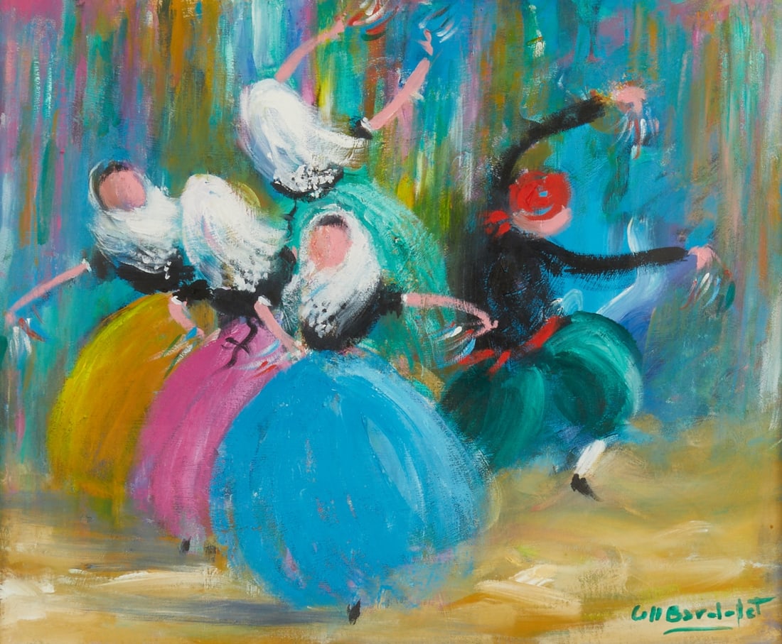 Josep Coll Bardolet: Josep Coll Bardolet 1912 Campdevànol - 2007 Valldemossa - Mallorcan Dancers - Oil/cardboard. 38 x 46 cm. 62 x 70 cm (dimensions with frame). Signed lower right: Coll Bardolet. Passe-partout.