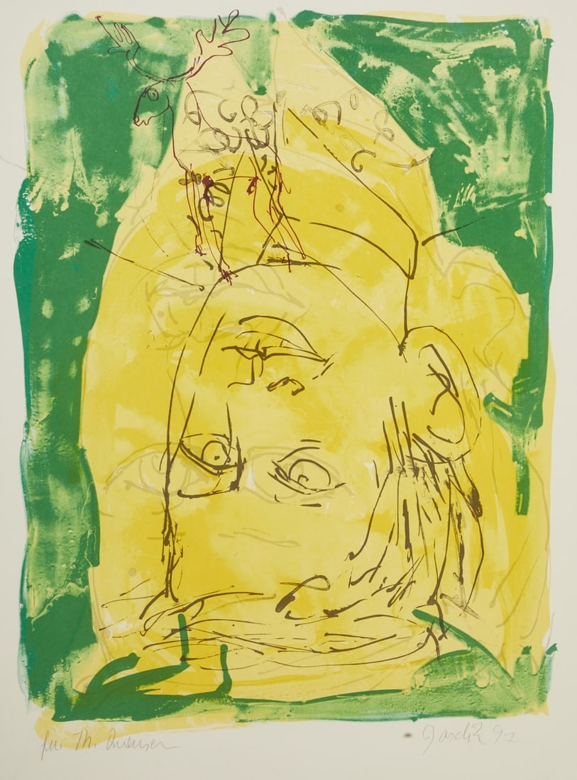 Georg Baselitz: Georg Baselitz 1938 Deutschbaselitz - 2026 Salzburg - "Portrait as a Pioneer" - (1997) Color lithograph/paper. Dedication copy. 67 x 49 cm, 76 x 57.2 cm. 103 x 83 cm (dimensions with