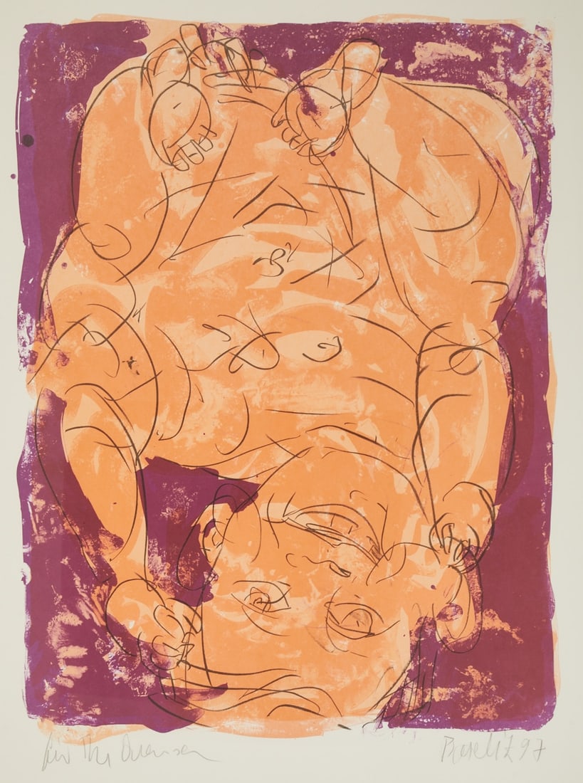 Georg Baselitz: Georg Baselitz 1938 Deutschbaselitz - 2026 Salzburg - "Portrait 1938 II" - (1997) Color lithograph/paper. Dedication copy. 66.5 x 50 cm, 76.5 x 57.5 cm. 103 x 83 cm (dimensions with frame).