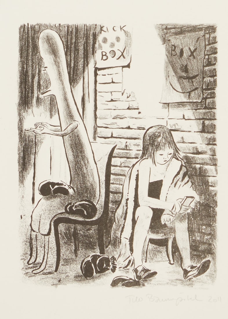 Tilo Baumg?¤rtel: Tilo Baumgärtel 1972 Leipzig - lives and works in Leipzig - Kick Box - (2011) Lithograph/paper. 21.7 x 16.3 cm, 26.8 x 20 cm. Signed and dated lower right: Tilo Baumgärtel 2011. The sheet