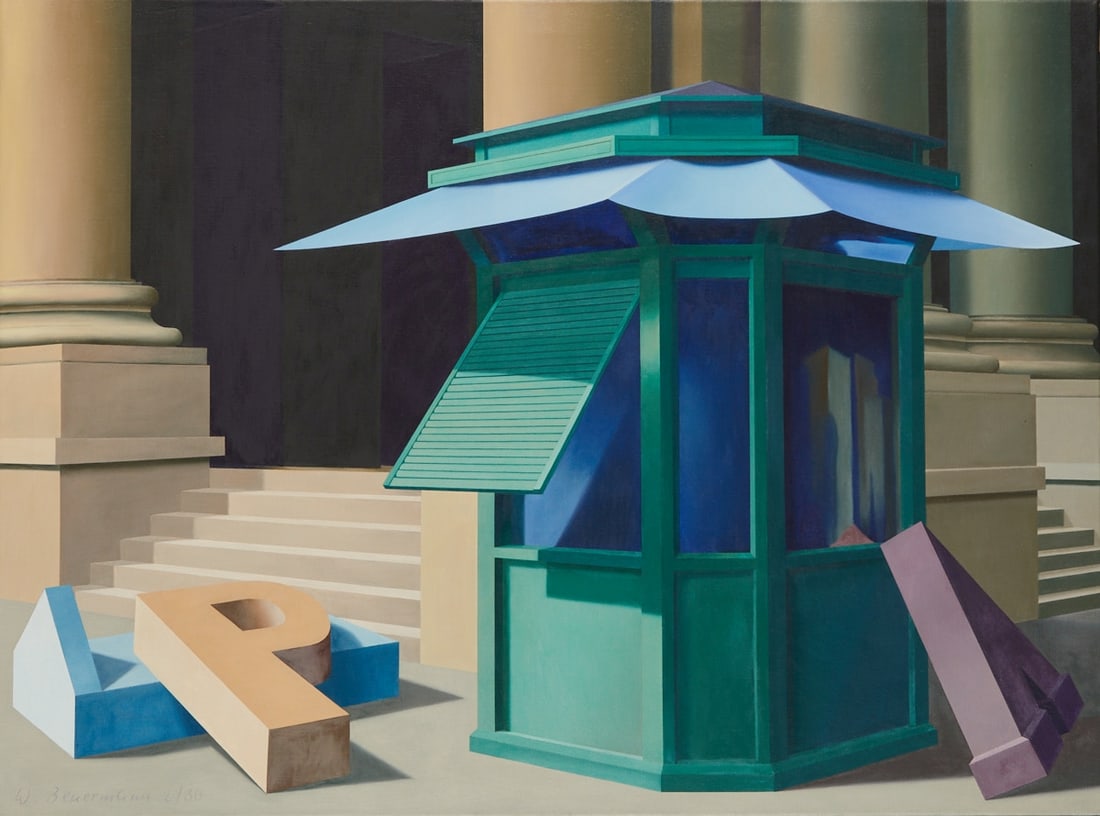 Wilhelm Beuermann: Wilhelm Beuermann 1937 Berlin - 2006 Hanover - "Kiosk" - (1986) Oil/canvas. 100 x 135 cm. 104 x 139 cm (dimensions with frame). Signed and dated lower left: W. Beuermann 2 / (19)86. On the