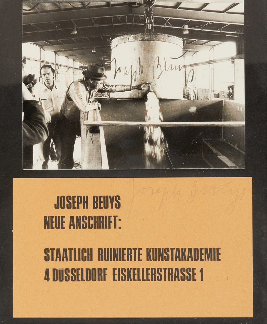 Joseph Beuys: Joseph Beuys 1921 Krefeld - 1986 Düsseldorf - "New address: State-ruined Art Academy 4 Düsseldorf Eiskellerstrasse 1" - (1973) Letterpress/brown cardboard. 12 x 20.5 cm. Signed